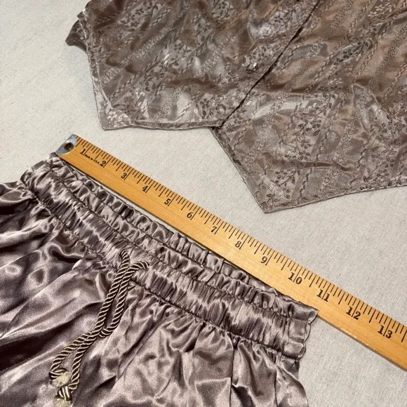 Cacique Vintage Satin Pajama Set Taupe Floral Jacquard Button Top Shorts Small - Picture 7 of 8